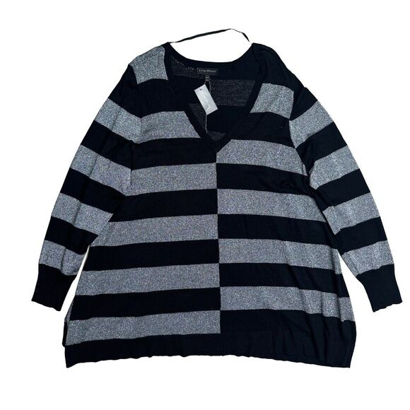 Lane Bryant Plus Size Sweater 26/28 NEW Metallic Striped Black Silver Pullover - Picture 1 of 10